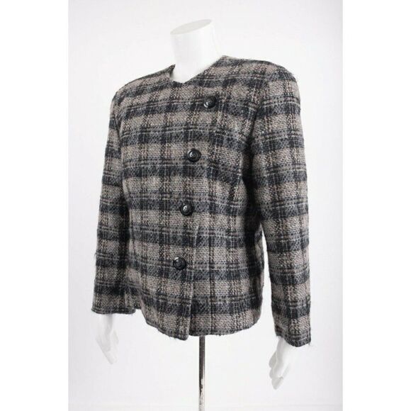 Vintage 70s Womans Pendleton Blazer Suit Jacket Size 12 Gray Plaid Tweed Wool - Picture 2 of 6